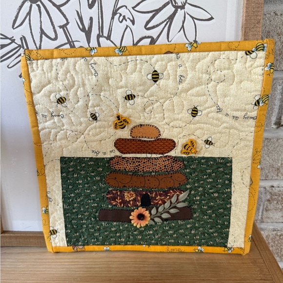 Homemade “Bee Happy” bee beaded Quilted art piece square - Picture 1 of 6